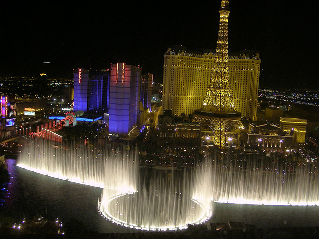 Las Vegas Bellagio Fountains At Night (with Paris Hotel & Eiffel Tower In Background)