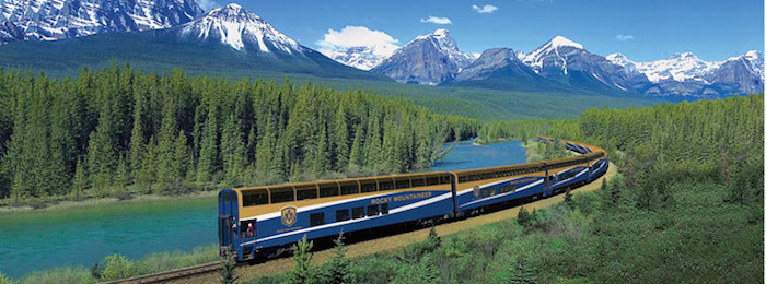 Rocky Mountaineer in the Canadian Rockies. Location is at Morant's Curve near Lake Louise, Alberta.