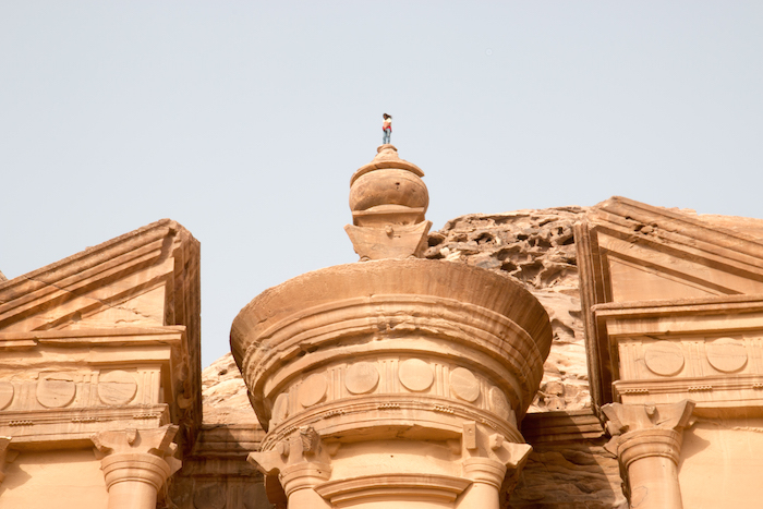 One of the locals on top of the turret on the Monastery Petra Jordan