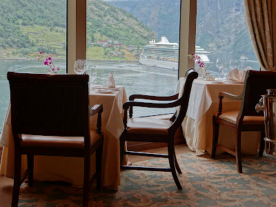 View from our Table in Queens Grill Restaurant while docked in Geiranger  